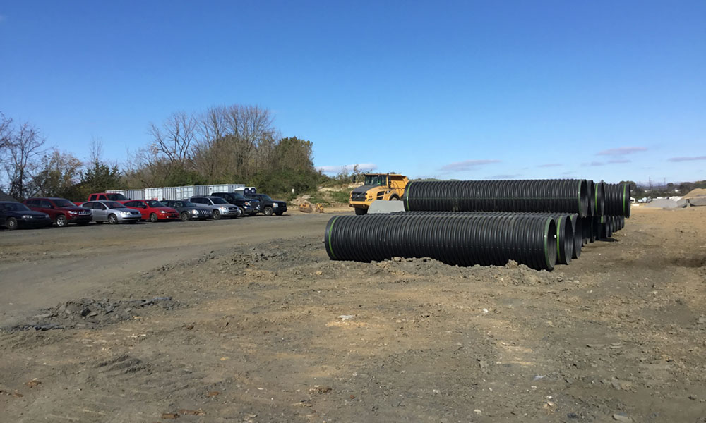 Active construction site with pipes