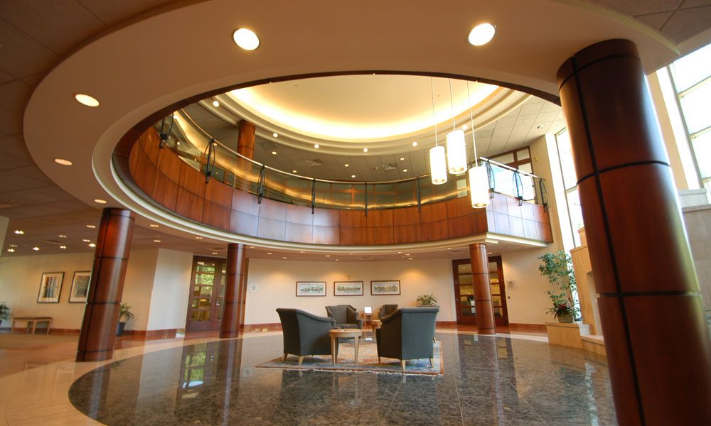 Chesterbrook Corporate Center side view of two story lobby with seating area