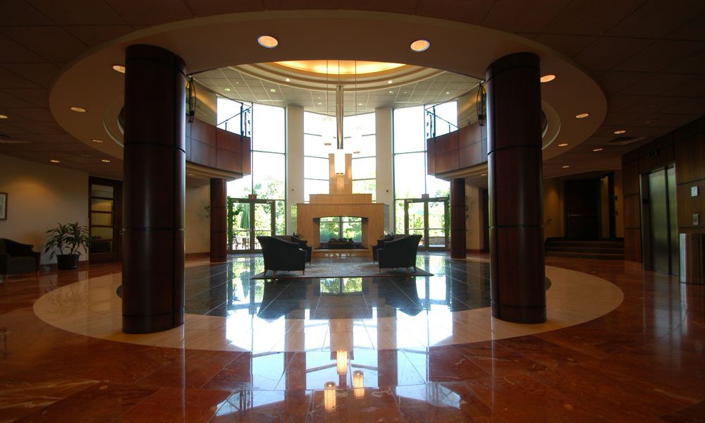View of Chesterbrook Corporate Center looking from inside the lobby out the main entrance