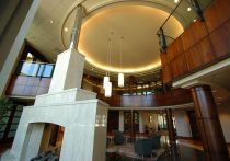 Chesterbrook Corporate Center view looking up at the two-story lobby and fireplace