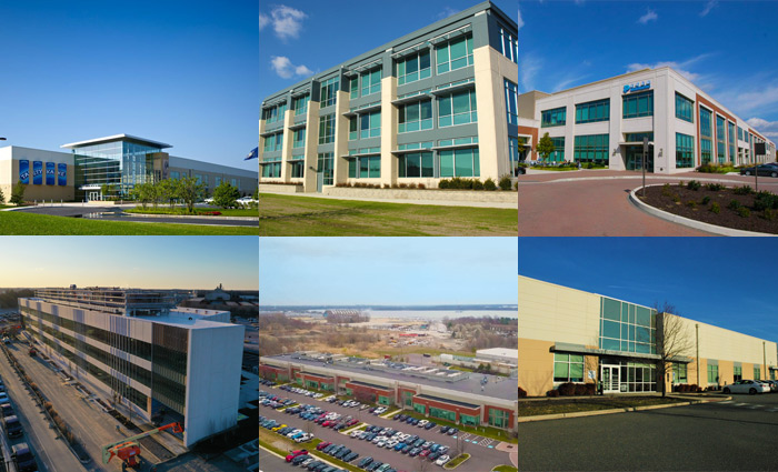 A collage of building exteriors from Penntex's work inside the Philadelphia Navy Yard